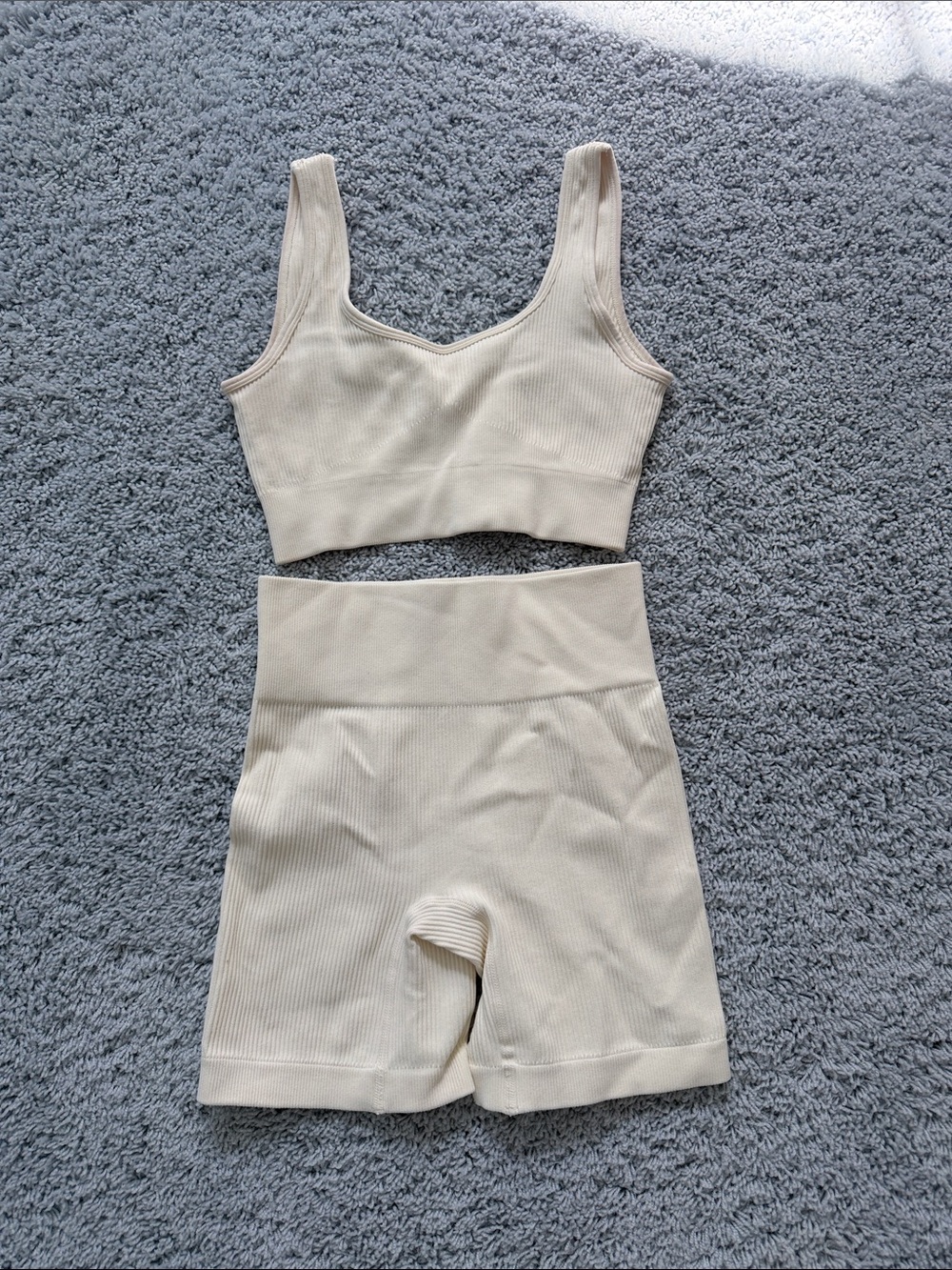 Seamless Ribbed Crop Tank & High-Waist Bike Short Set - Cream